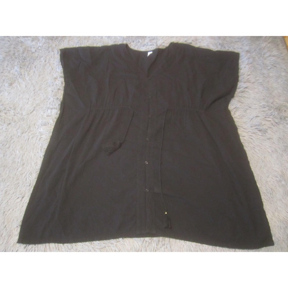 Old Navy Shirt Dress Womens Small Black V Neck Short Sleeve Button Tassel Cotton